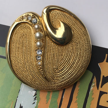 Gold Round Brooch with Pearl Accents Jewelry Bloomers and Frocks